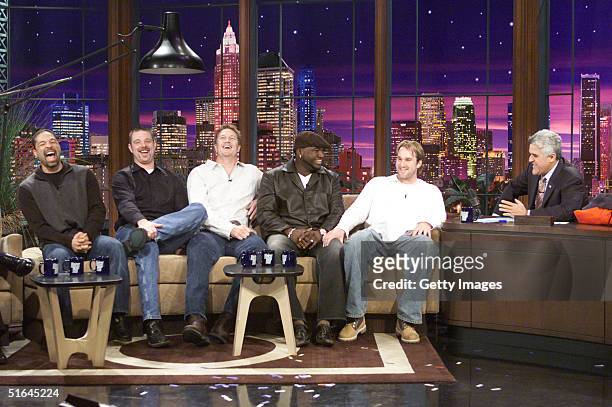 Boston Red Sox players Derek Lowe, David Ortiz, Mike Timlin, Alan Embree and Dave Roberts stopped by "The Tonight Show with Jay Leno" to celebrate...