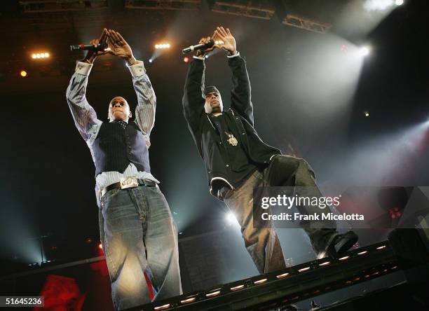 Rappers Jay-Z and Memphis Bleek perform on the "Best of Both Worlds" tour, November 1, 2004 at Madison Square Garden in New York City. The tour was...