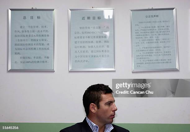World and Olympic swimming champion Grant Hackett visits the China Doping Control Center on November 2, 2004 in Beijing, China. Hackett is on his...