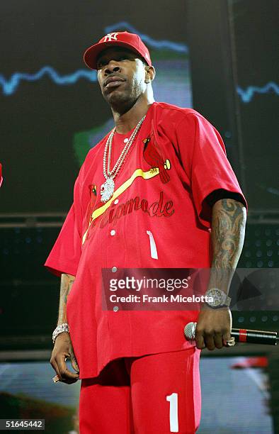 Special guest rapper Busta Rhymes performs on the "Best of Both Worlds" tour, November 1, 2004 at Madison Square Garden in New York City. The tour...