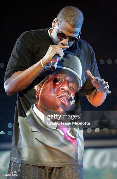 Rapper Jay-Z performs on the "Best of Both Worlds" tour, November 1, 2004 at Madison Square Garden in New York City. The tour was originally a...