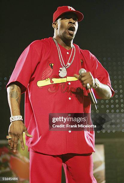 Special guest rapper Busta Rhymes performs on the "Best of Both Worlds" tour, November 1, 2004 at Madison Square Garden in New York City. The tour...