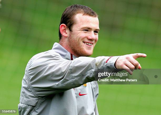 Wayne Rooney of Manchester United in action during a first team training session ahead of the UEFA Champions League match against Sparta Prague at...