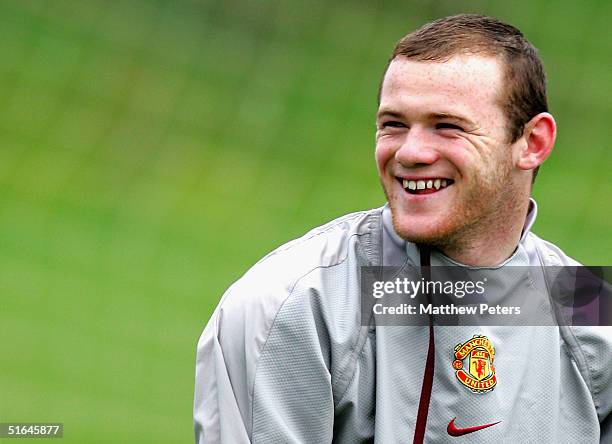 Wayne Rooney of Manchester United in action during a first team training session ahead of the UEFA Champions League match against Sparta Prague at...