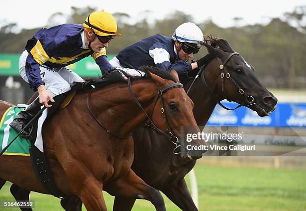 Katelyn Mallyon riding Velox defeats Mark Zahra riding Big Memory in Race7, the Golden Mile during Melbourne racing at Bendigo Racecourse on March...