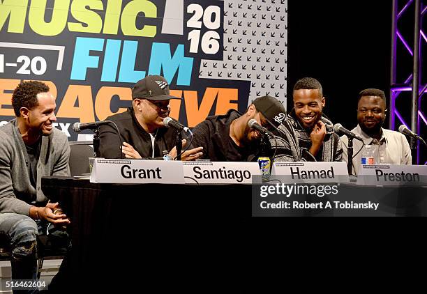 Omar Grant, Lenny Santiago, Ibrahim Hamad, Noah Preston, and Tunji Balogun speak onstage at 'The Evolution of A&R' during the 2016 SXSW Music, Film +...