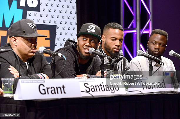 Lenny Santiago, Ibrahim Hamad, Noah Preston, and Tunji Balogun speak onstage at 'The Evolution of A&R' during the 2016 SXSW Music, Film + Interactive...