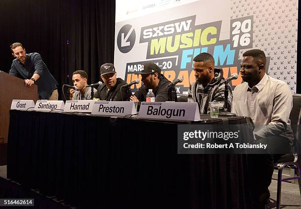 Nick Huff, Omar Grant, Lenny Santiago, Ibrahim Hamad, Noah Preston, and Tunji Balogun speak onstage at 'The Evolution of A&R' during the 2016 SXSW...