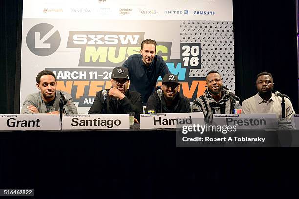 Omar Grant, Lenny Santiago, Nick Huff, Ibrahim Hamad, Noah Preston, and Tunji Balogun attend 'The Evolution of A&R' during the 2016 SXSW Music, Film...