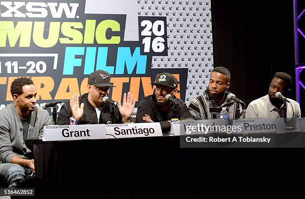 Omar Grant, Lenny Santiago, Ibrahim Hamad, Noah Preston, and Tunji Balogun speak onstage at 'The Evolution of A&R' during the 2016 SXSW Music, Film +...