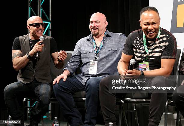 Kenny Aronoff, Fran Strine, Ray Parker Jr. Speak onstage at 'Hired Guns: World's Greatest Backing Musicians' during the 2016 SXSW Music, Film +...