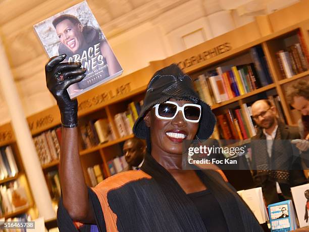 Grace Jones attends "Je n'ecrirai Jamais Mes Memoires" : Grace Jones Biography Book Signing at Le Bon Marche on March 18, 2016 in Paris, France.