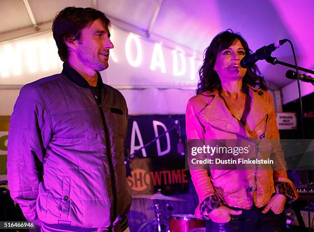 Actors Luke Wilson and Carla Gugino speak onstage at Showtime Roadies House during the 2016 SXSW Music, Film + Interactive Festival at Clive Bar on...