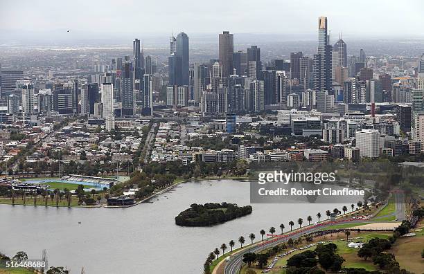 Scenic view of Melbourne during qualifying for the Australian Formula One Grand Prix at Albert Park on March 19, 2016 in Melbourne, Australia.