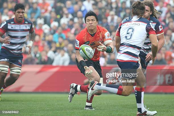 Harumichi Tatekawa of the Sunwolves during the Super Rugby Rd 4 match between the Sunwolves and the Rebels of at Prince Chichibu Stadium on March 19,...