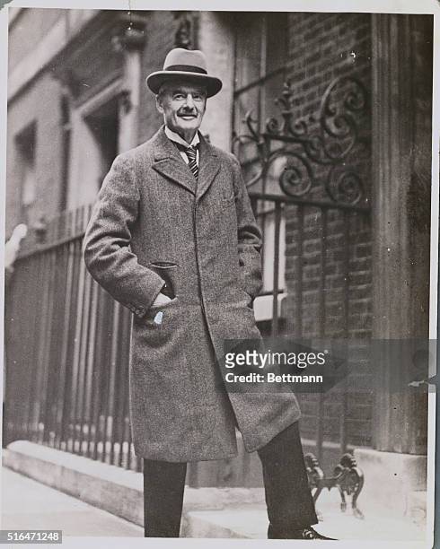London, England: Neville Chamberlain, British Prime Minister on the steps of 10 Downing Street, London.