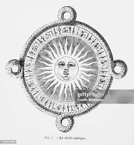 Sunburst with circular border of Aztec zodiac signs based on Mexican stone relic.