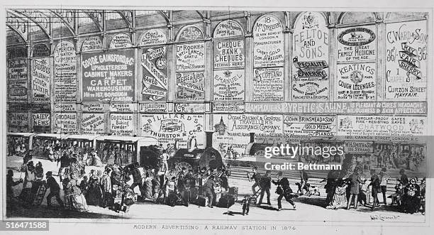 This is a modern advertising inside an English railroad station in 1874.