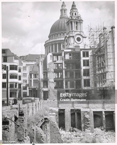 Destruction of London after German attack. Near St. Paul's Cathedral. Ca. 1940s.