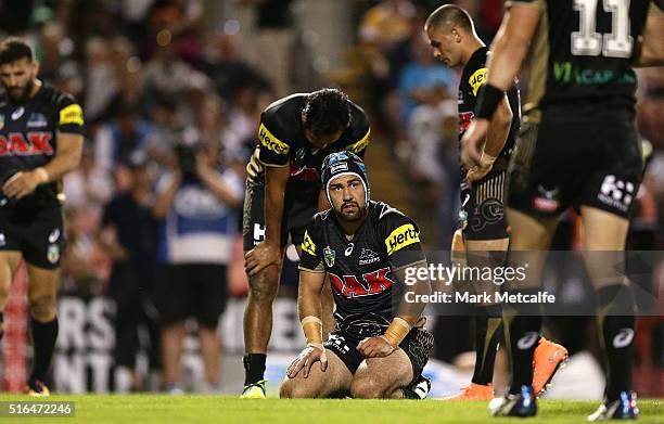 Jamie Soward of the Panthers looks dejected after condeing a try during the round three NRL match between the Penrith Panthers and the Brisbane...