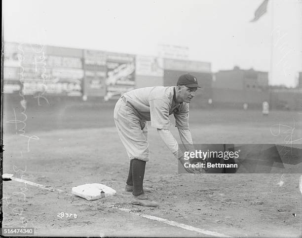 Photo of members of Detroit Tigers American league baseball team, made at Boston. Photo shows third baseman George Moriarity.