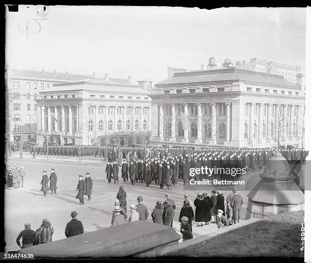 This photo is an unusual view of the Midshipman of the United States Naval Academy as they appeared marching up Broadway to cheer for their warriors...