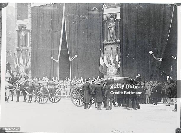 The funeral of Marshal Foch, Paris, France...Photo shows the casket of Marshal Foch as it was removed from the Notre Dame Cathedral and placed on a...