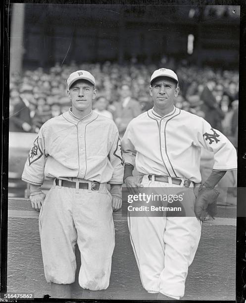 Rival field leaders at Giants home opener...Fresco Thompson , Captain of the Phillies, and Travis Jackson , captain of the Giants, as the Giants...