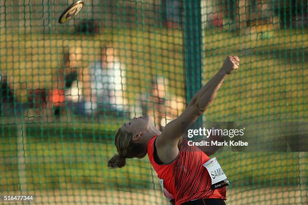 Dani Samuels of the NSW Institute of Sport competes in the women's discus event during the 2016 Sydney Track Classic at Sydney Olympic Park Sports...