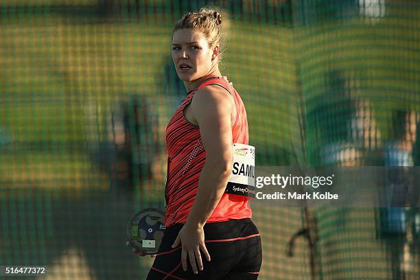 Dani Samuels of the NSW Institute of Sport watches on as she competes in the women's discus event during the 2016 Sydney Track Classic at Sydney...