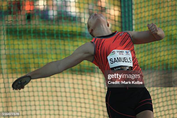 Dani Samuels of the NSW Institute of Sport competes in the women's discus event during the 2016 Sydney Track Classic at Sydney Olympic Park Sports...