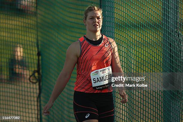 Dani Samuels of the NSW Institute of Sport watches on as she competes in the women's discus event during the 2016 Sydney Track Classic at Sydney...