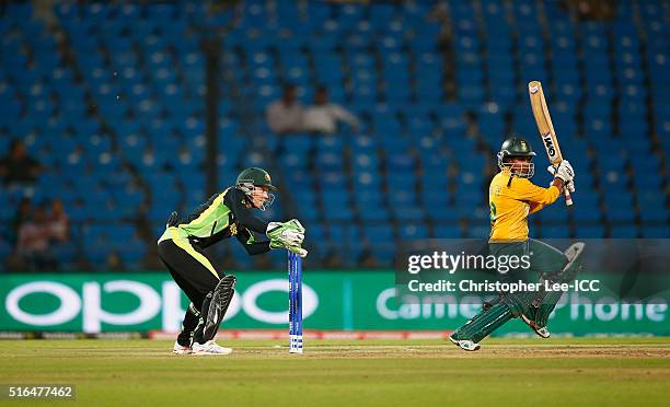 Trisha Chetty of South Africa in action with Alyssa Healy of Australia during the Women's ICC World Twenty20 India 2016 Group A match between...