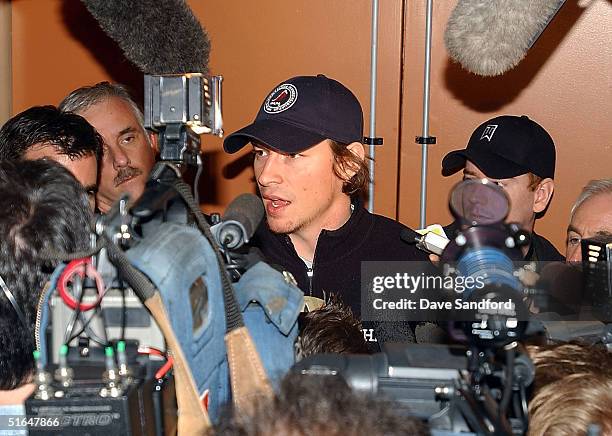 Player Pierre Dagenais of the Montreal Canadiens speaks to members of the media following the NHL Players' Association meetings held in the Sheraton...