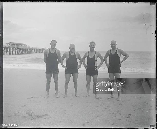 Baseball Colony at Palm Beach. Shown above, left to right, coming out of the surf at Palm Beach, Florida, are: Heinie Manush, of the Washington...