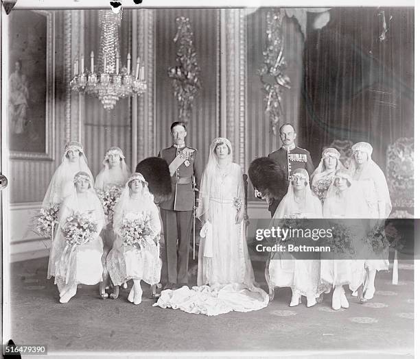 The Royal Wedding. The bridal group at Buckingham Palace. Sitting left to right are, Lady Mary Cambridge, Princess Maude, Lady Rachael Cavendish,...