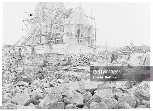 Work Done by American Committee For Devastated France. Pommiers, France: Reconstruction work being done in the village of Bichancourt, under the...