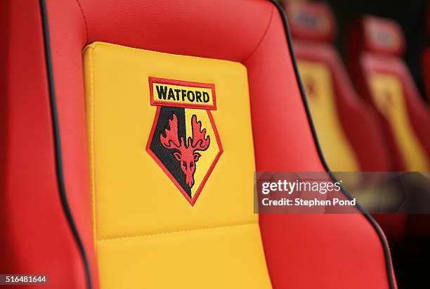 Watford emblem is seen on a bench prior to the Barclays Premier League match between Watford and Stoke City at Vicarage Road on March 19, 2016 in...