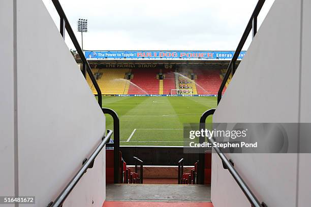 General view of the stadium prior to the Barclays Premier League match between Watford and Stoke City at Vicarage Road on March 19, 2016 in Watford,...