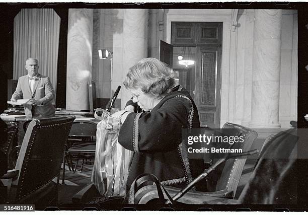 Anthropologist Margaret Mead reaches into her bag here, for some notes as she begins her testimony before the Senate Judiciary subcommittee in favor...