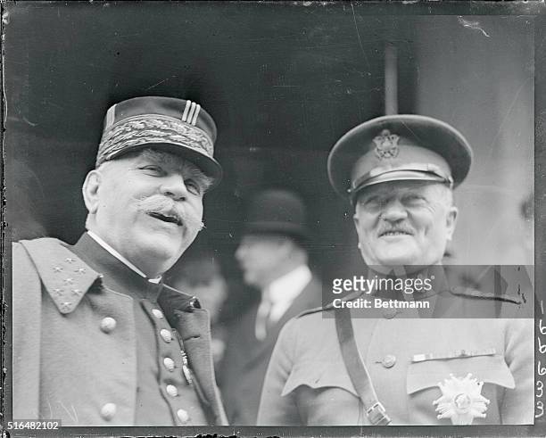 Washington, D.C.: Old friends meet again. Marshal Joffre, hero of the Marne and General Pershing meet again as the guests of Secretary of War Weeks...
