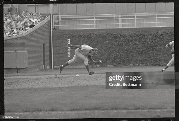 Chicago: Cincinnati Reds' third baseman Tony Perez reaches and grabs grounder hit by Chicago Cubs' Jim Dickman in the third inning of ball game....