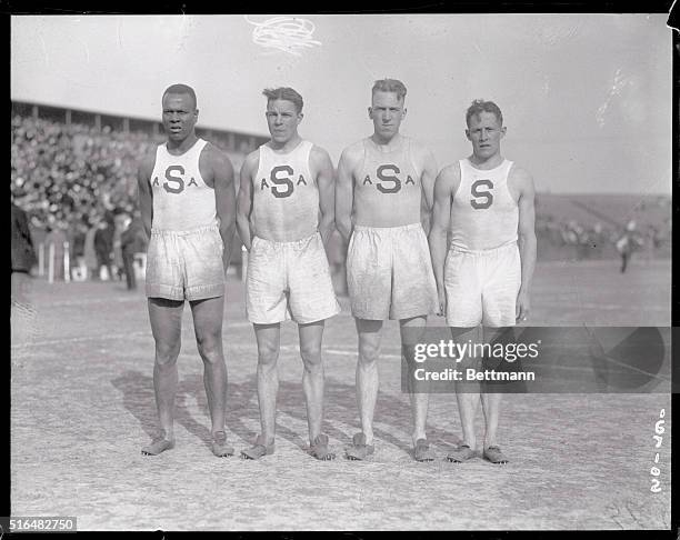 Philadelphia, Pennsylvania: Thousand gather for Penn relay meet at Philadelphia. The Penn State quartet which won the American college medley relay...