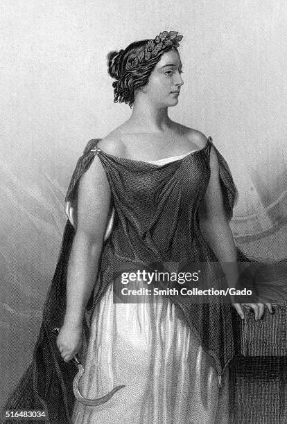 An engraving from a portrait of Giulia Grisi appearing in her costume from the opera Norma, she was an Italian opera singer who was one of the...