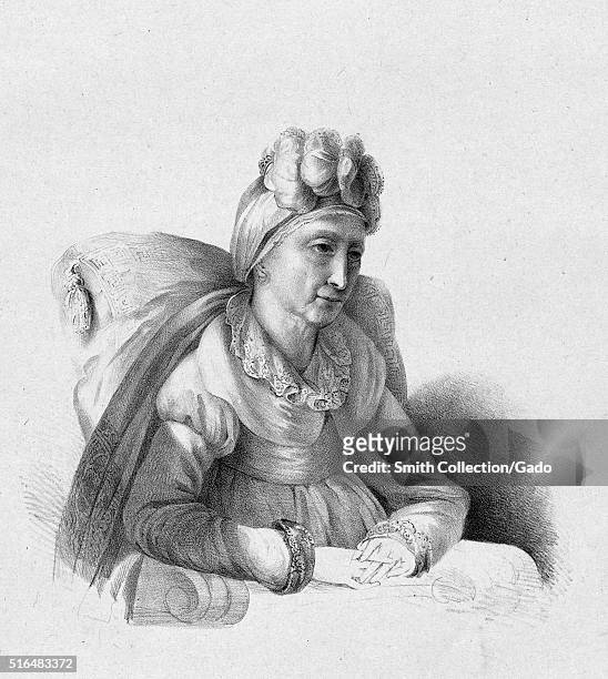 Engraved portrait of Letizia Ramolino, Napoleon Bonaparte's mother, sitting, by Princess Charlotte Bonaparte, daughter of Joseph Bonaparte, the older...