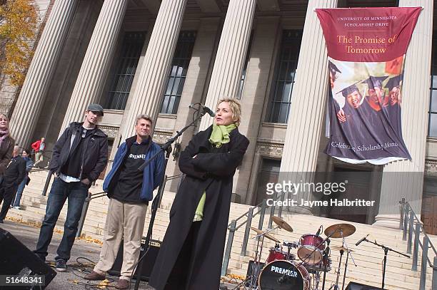 Actress Sharon Stone speaks to a group of University of Minnesota students on Election Day November 2, 2004 in Minneapolis, Minnesota. Stone was...