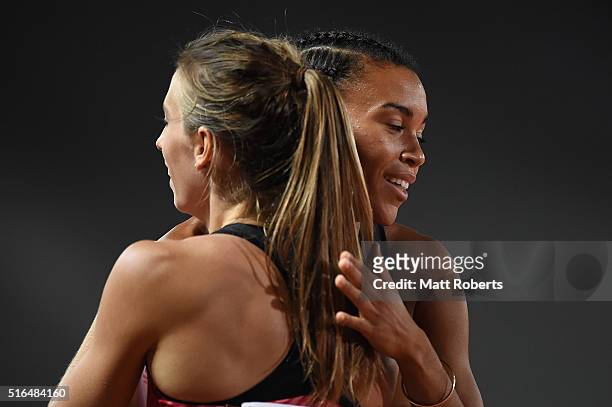 Morgan Mitchell hugs Anneliese Rubie after winning the Womens 400 metres during the Queensland Track Classic on March 19, 2016 in Brisbane, Australia.