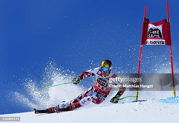 Marcel Hirscher of Austria competes during the Audi FIS Alpine Ski World Cup Finals Men's Giant Slalom on March 19, 2016 in St Moritz, Switzerland.