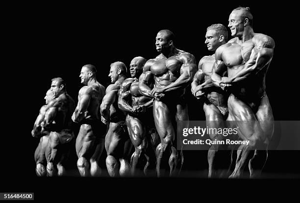 Competitors perform in the Arnold Classic Mens Bodybuilding Open during the 2016 Arnold Classic on March 19, 2016 in Melbourne, Australia.