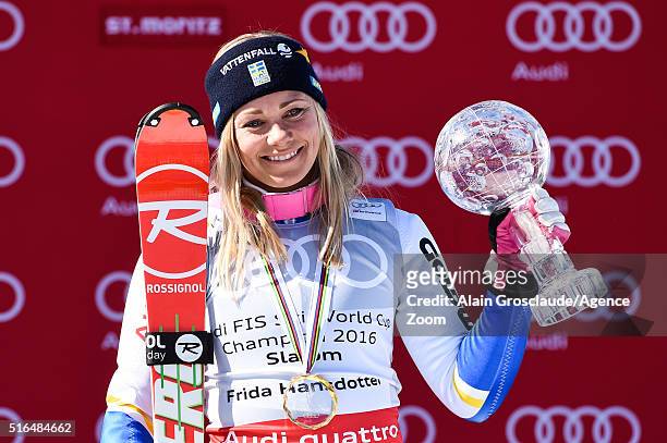 Frida Hansdotter of Sweden wins the slalom crystal globe during the Audi FIS Alpine Ski World Cup Finals Men's Giant Slalom and Women's Slalom on...